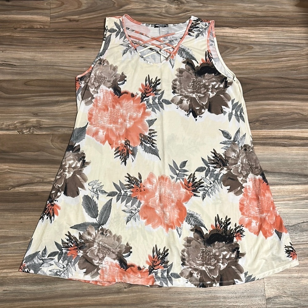 HEIMISH USA Women’s 3X Crisscross Floral Dress Cream Coral Sleeveless